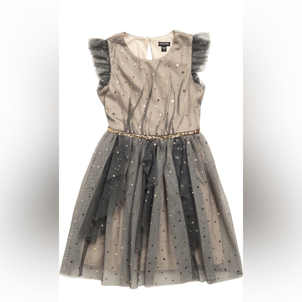 COPY - Kids' Flutter Sleeve Glitter Moon Star Mesh Dress. NWT